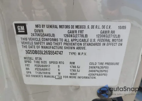 2006 Buick Rendezvous Cx z USA, uszkodzony, nr VIN 3G5DB03L26S554747